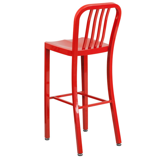 Gael Commercial Grade 30" High Red Metal Indoor-Outdoor Barstool with Vertical Slat Back