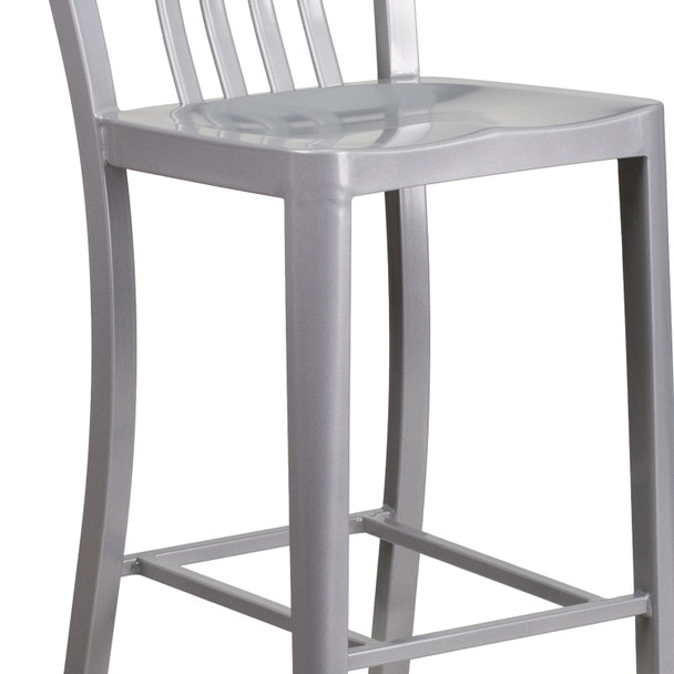 Gael Commercial Grade 30" High Silver Metal Indoor-Outdoor Barstool with Vertical Slat Back