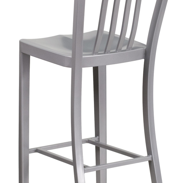 Gael Commercial Grade 30" High Silver Metal Indoor-Outdoor Barstool with Vertical Slat Back