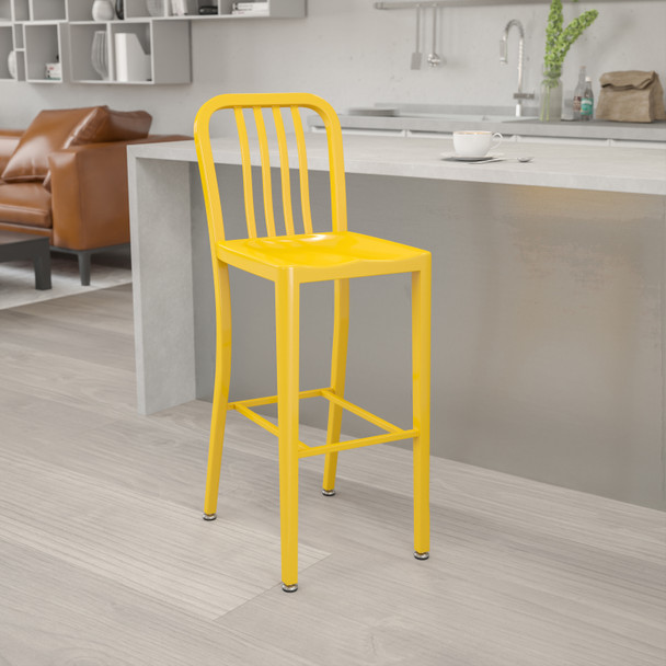 Gael Commercial Grade 30" High Yellow Metal Indoor-Outdoor Barstool with Vertical Slat Back