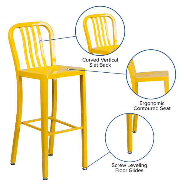 Gael Commercial Grade 30" High Yellow Metal Indoor-Outdoor Barstool with Vertical Slat Back