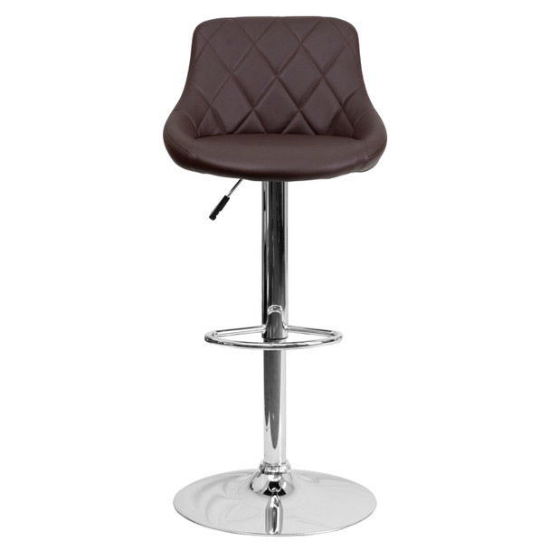 Dale Contemporary Brown Vinyl Bucket Seat Adjustable Height Barstool with Diamond Pattern Back and Chrome Base