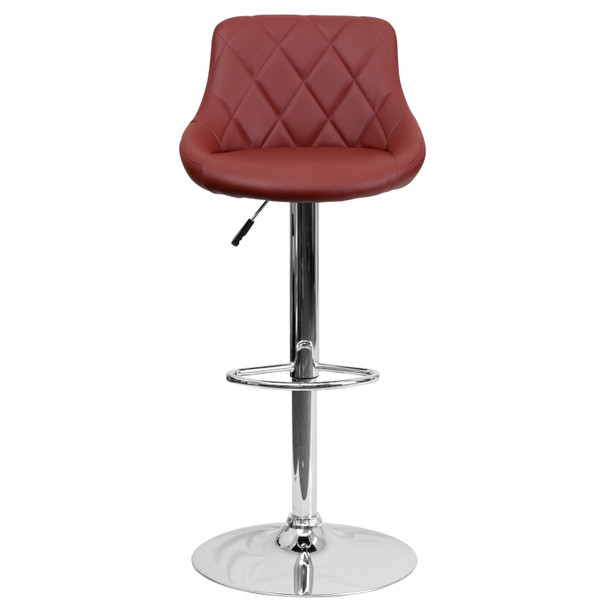 Dale Contemporary Burgundy Vinyl Bucket Seat Adjustable Height Barstool with Diamond Pattern Back and Chrome Base