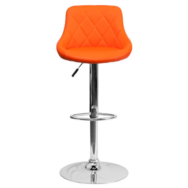 Dale Contemporary Orange Vinyl Bucket Seat Adjustable Height Barstool with Diamond Pattern Back and Chrome Base