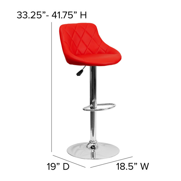 Dale Contemporary Red Vinyl Bucket Seat Adjustable Height Barstool with Diamond Pattern Back and Chrome Base