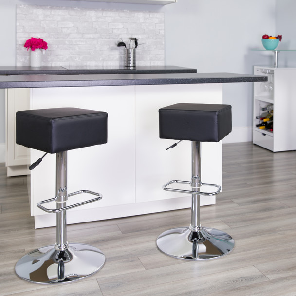 Farley Contemporary Black Vinyl Adjustable Height Barstool with Square Seat and Chrome Base