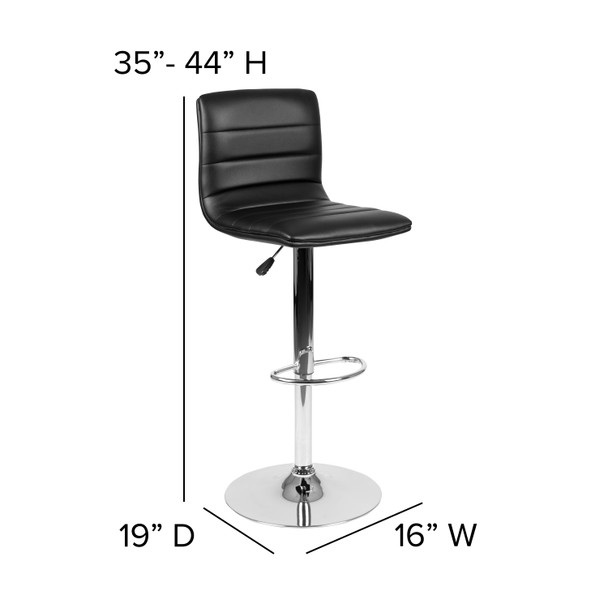 Betsy Modern Black Vinyl Adjustable Bar Stool with Back, Counter Height Swivel Stool with Chrome Pedestal Base