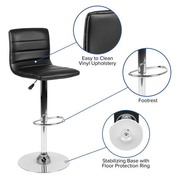 Betsy Modern Black Vinyl Adjustable Bar Stool with Back, Counter Height Swivel Stool with Chrome Pedestal Base