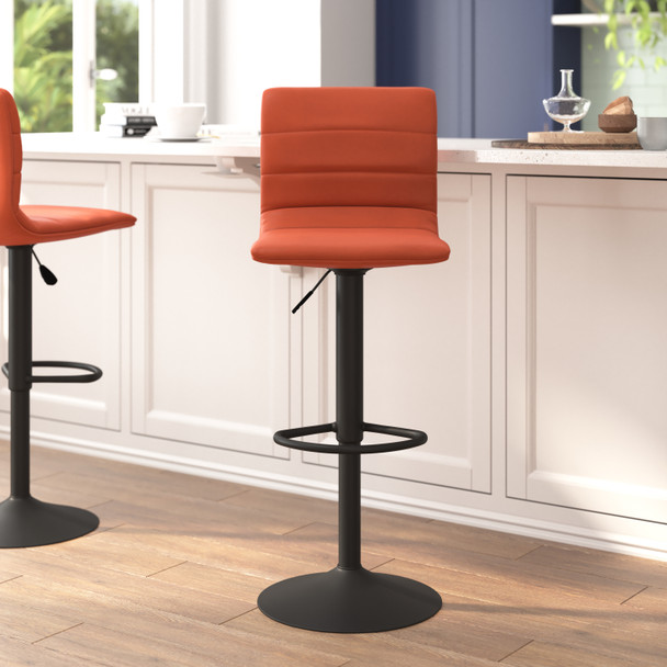 Vincent Modern Cognac Vinyl Adjustable Bar Stool with Back, Counter Height Swivel Stool with Black Pedestal Base