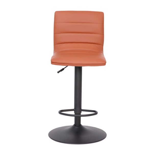 Vincent Modern Cognac Vinyl Adjustable Bar Stool with Back, Counter Height Swivel Stool with Black Pedestal Base