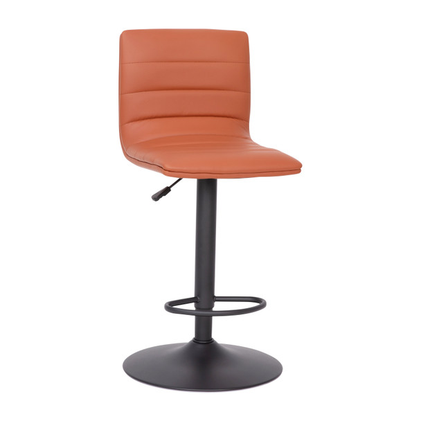 Vincent Modern Cognac Vinyl Adjustable Bar Stool with Back, Counter Height Swivel Stool with Black Pedestal Base