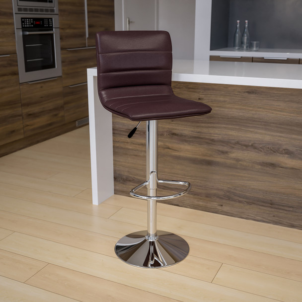 Betsy Modern Brown Vinyl Adjustable Bar Stool with Back, Counter Height Swivel Stool with Chrome Pedestal Base