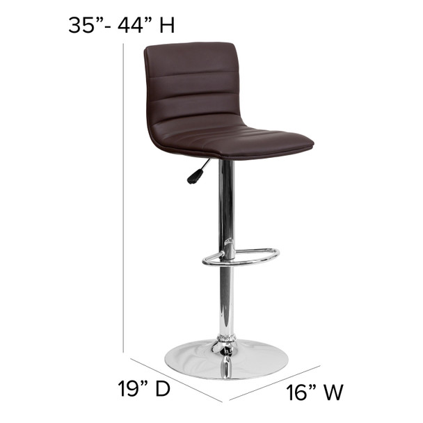 Betsy Modern Brown Vinyl Adjustable Bar Stool with Back, Counter Height Swivel Stool with Chrome Pedestal Base