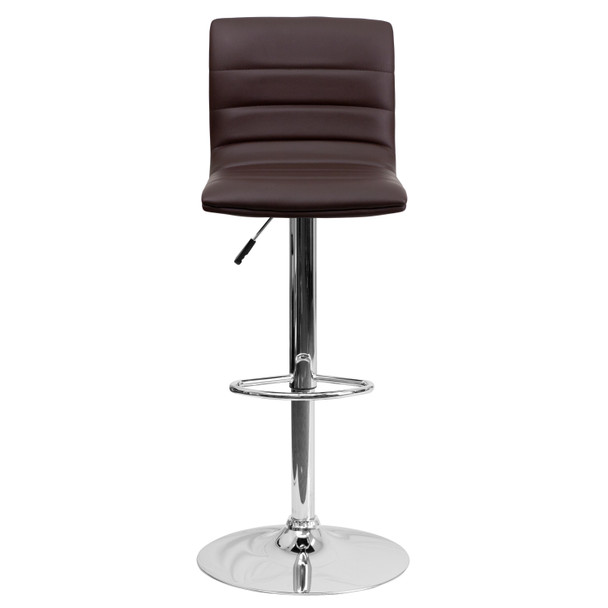 Betsy Modern Brown Vinyl Adjustable Bar Stool with Back, Counter Height Swivel Stool with Chrome Pedestal Base