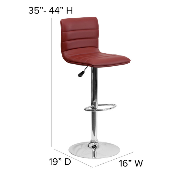 Betsy Modern Burgundy Vinyl Adjustable Bar Stool with Back, Counter Height Swivel Stool with Chrome Pedestal Base