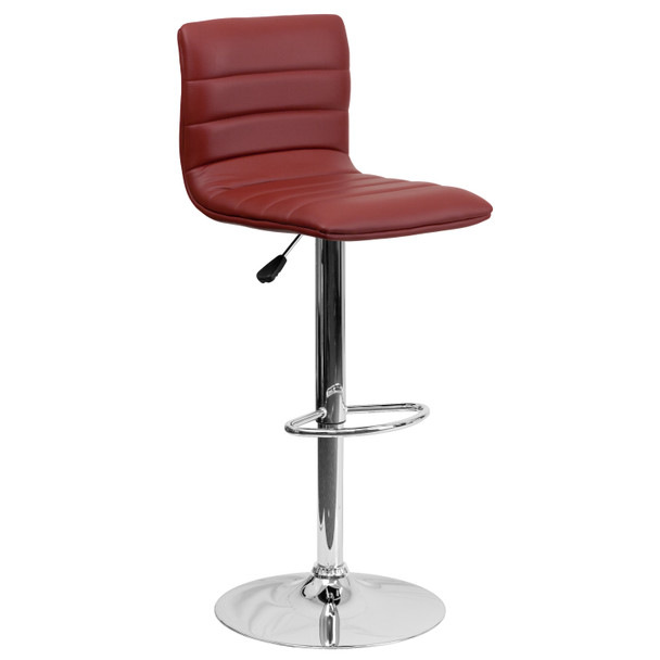 Betsy Modern Burgundy Vinyl Adjustable Bar Stool with Back, Counter Height Swivel Stool with Chrome Pedestal Base