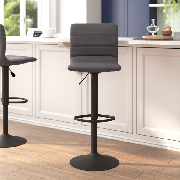 Vincent Modern Gray Vinyl Adjustable Bar Stool with Back, Counter Height Swivel Stool with Black Pedestal Base