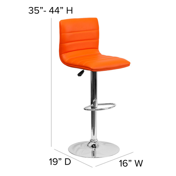 Betsy Modern Orange Vinyl Adjustable Bar Stool with Back, Counter Height Swivel Stool with Chrome Pedestal Base