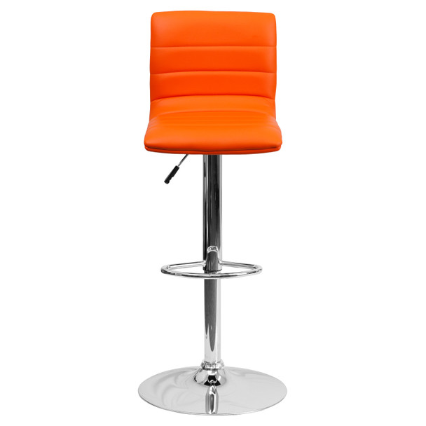 Betsy Modern Orange Vinyl Adjustable Bar Stool with Back, Counter Height Swivel Stool with Chrome Pedestal Base