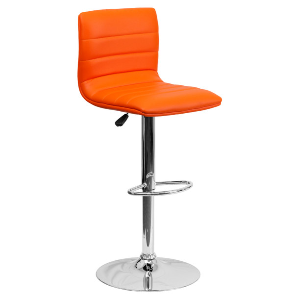 Betsy Modern Orange Vinyl Adjustable Bar Stool with Back, Counter Height Swivel Stool with Chrome Pedestal Base