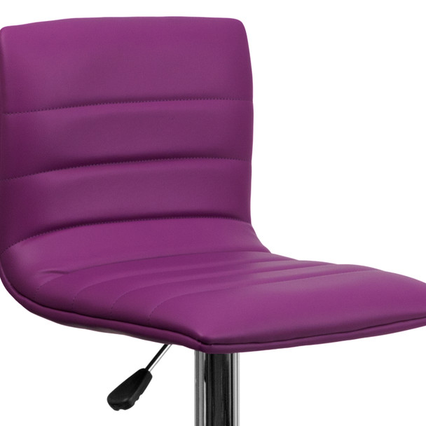 Betsy Modern Purple Vinyl Adjustable Bar Stool with Back, Counter Height Swivel Stool with Chrome Pedestal Base