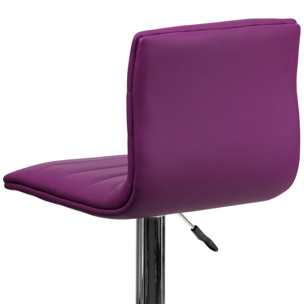 Betsy Modern Purple Vinyl Adjustable Bar Stool with Back, Counter Height Swivel Stool with Chrome Pedestal Base