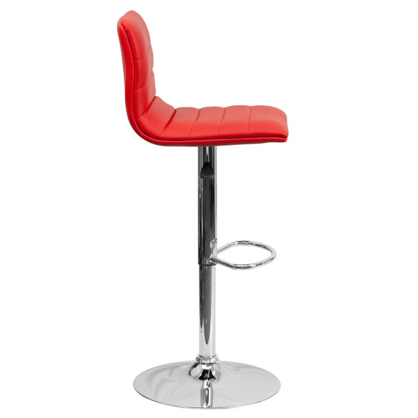 Betsy Modern Red Vinyl Adjustable Bar Stool with Back, Counter Height Swivel Stool with Chrome Pedestal Base