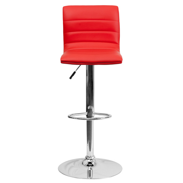 Betsy Modern Red Vinyl Adjustable Bar Stool with Back, Counter Height Swivel Stool with Chrome Pedestal Base