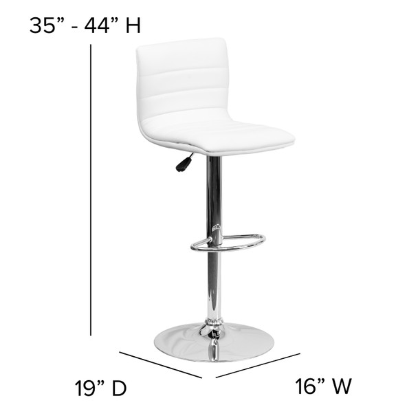 Betsy Modern White Vinyl Adjustable Bar Stool with Back, Counter Height Swivel Stool with Chrome Pedestal Base