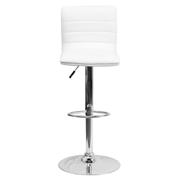 Betsy Modern White Vinyl Adjustable Bar Stool with Back, Counter Height Swivel Stool with Chrome Pedestal Base