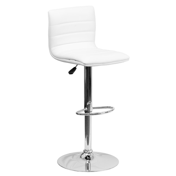 Betsy Modern White Vinyl Adjustable Bar Stool with Back, Counter Height Swivel Stool with Chrome Pedestal Base