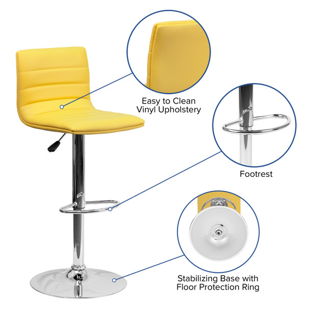 Betsy Modern Yellow Vinyl Adjustable Bar Stool with Back, Counter Height Swivel Stool with Chrome Pedestal Base