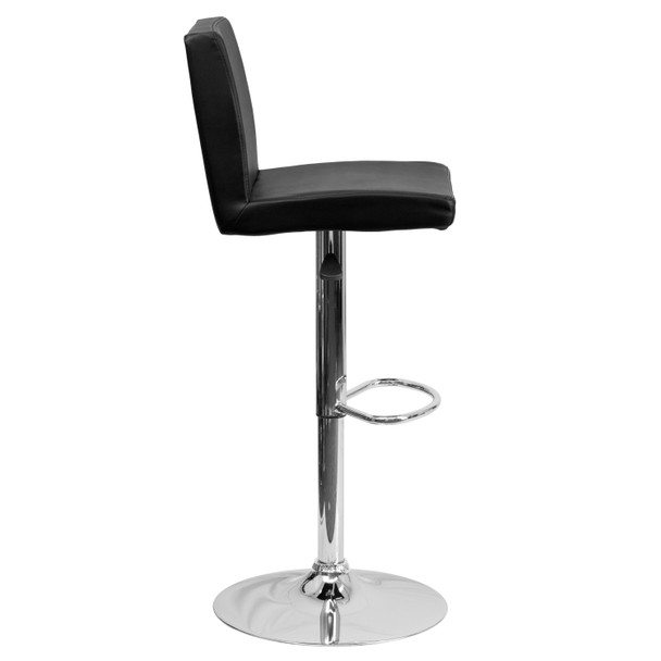 Betty Contemporary Black Vinyl Adjustable Height Barstool with Panel Back and Chrome Base