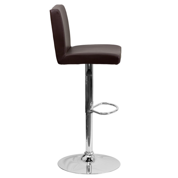 Contemporary Brown Vinyl Adjustable Height Barstool with Panel Back and Chrome Base