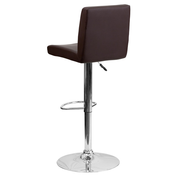 Contemporary Brown Vinyl Adjustable Height Barstool with Panel Back and Chrome Base