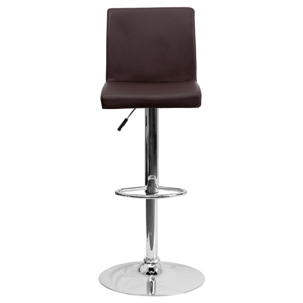 Contemporary Brown Vinyl Adjustable Height Barstool with Panel Back and Chrome Base