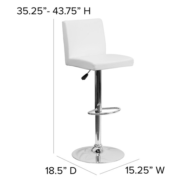 Betty Contemporary White Vinyl Adjustable Height Barstool with Panel Back and Chrome Base