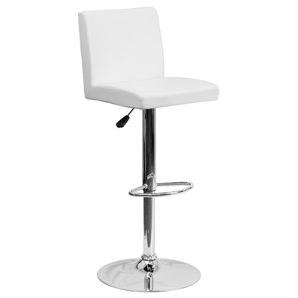 Betty Contemporary White Vinyl Adjustable Height Barstool with Panel Back and Chrome Base