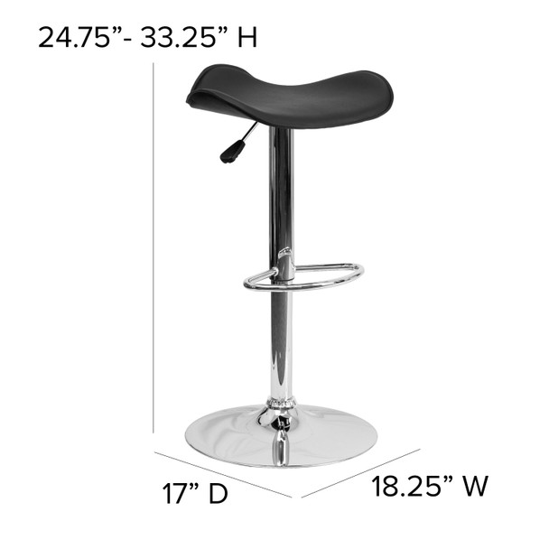 Caleb Contemporary Black Vinyl Adjustable Height Barstool with Wavy Seat and Chrome Base