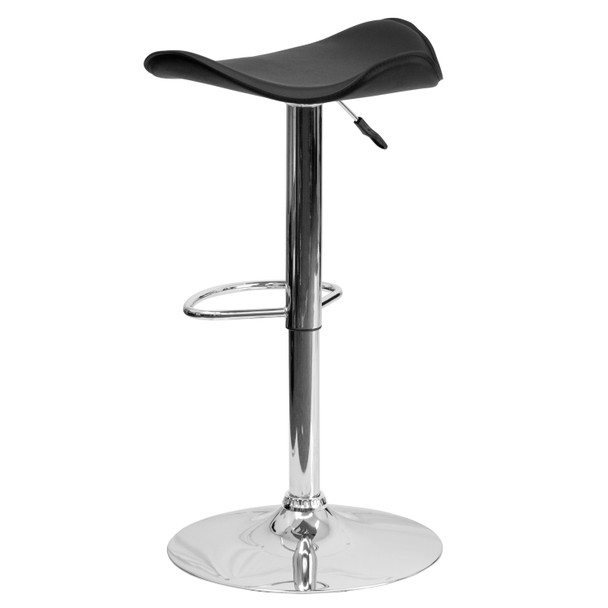 Caleb Contemporary Black Vinyl Adjustable Height Barstool with Wavy Seat and Chrome Base