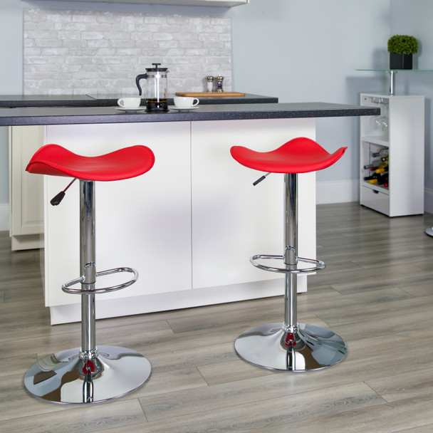 Contemporary Red Vinyl Adjustable Height Barstool with Wavy Seat and Chrome Base