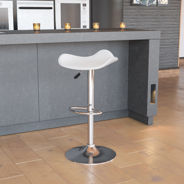 Caleb Contemporary White Vinyl Adjustable Height Barstool with Wavy Seat and Chrome Base