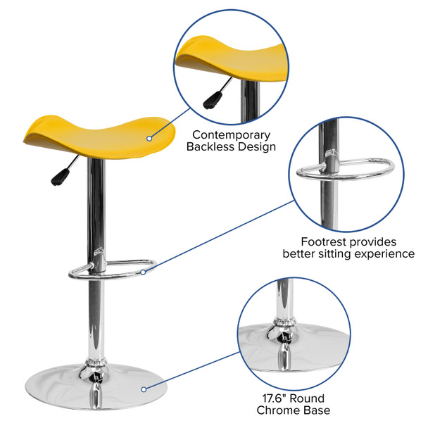 Caleb Contemporary Yellow Vinyl Adjustable Height Barstool with Wavy Seat and Chrome Base