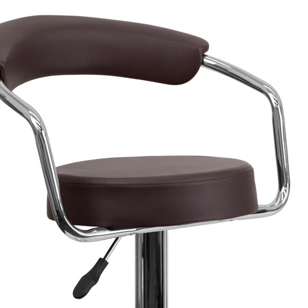 Cruz Contemporary Brown Vinyl Adjustable Height Barstool with Arms and Chrome Base