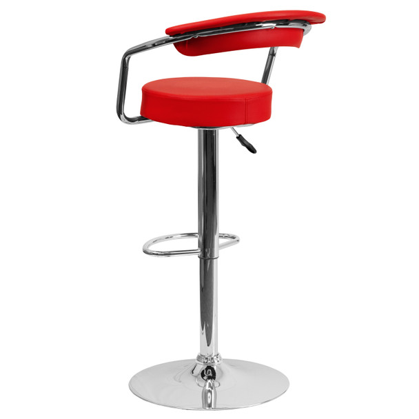 Cruz Contemporary Red Vinyl Adjustable Height Barstool with Arms and Chrome Base