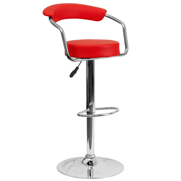 Cruz Contemporary Red Vinyl Adjustable Height Barstool with Arms and Chrome Base