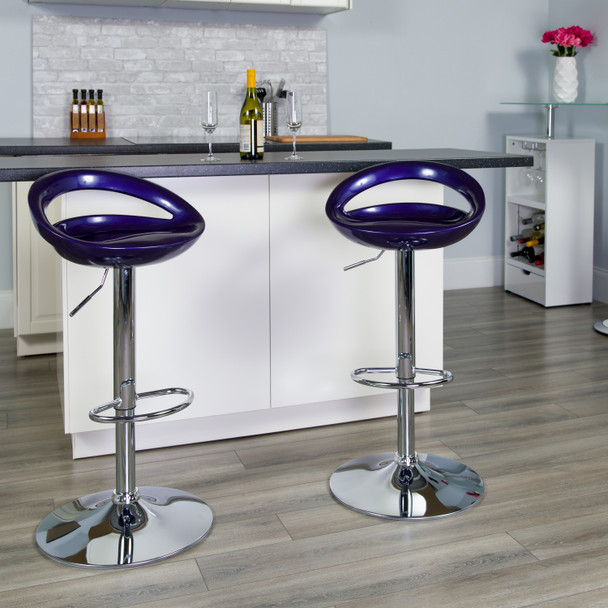 Dash Contemporary Blue Plastic Adjustable Height Barstool with Rounded Cutout Back and Chrome Base
