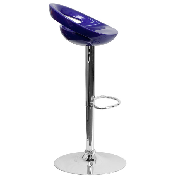 Dash Contemporary Blue Plastic Adjustable Height Barstool with Rounded Cutout Back and Chrome Base