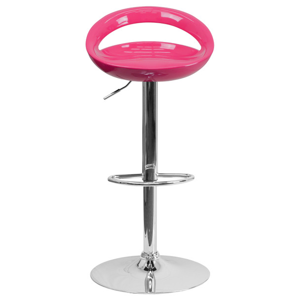 Dash Contemporary Pink Plastic Adjustable Height Barstool with Rounded Cutout Back and Chrome Base