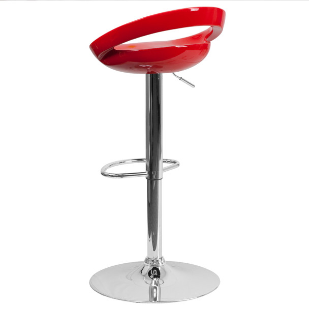 Dash Contemporary Red Plastic Adjustable Height Barstool with Rounded Cutout Back and Chrome Base